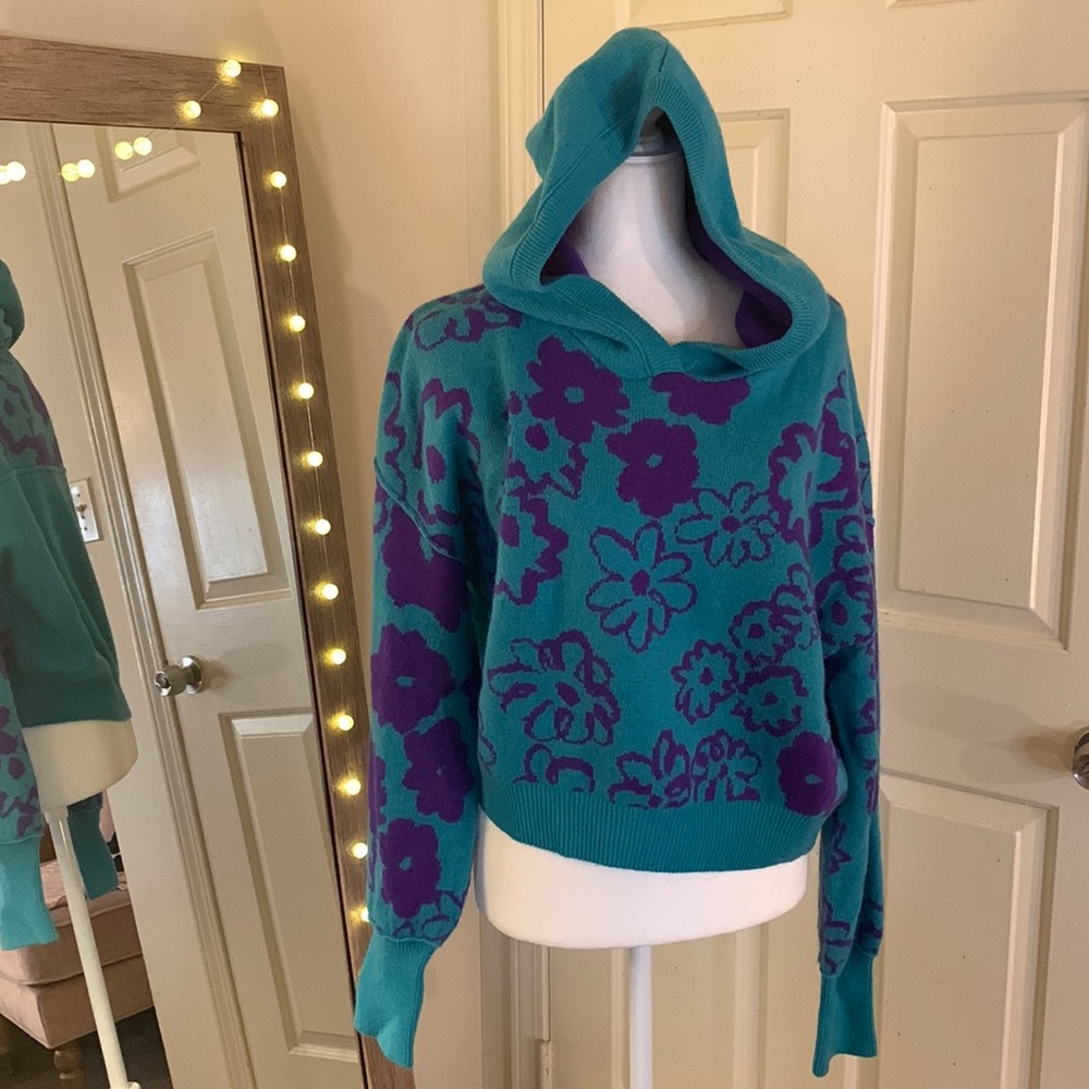 Free People Teal and Purple Floral Hooded Pullover Sweater - Picture 6 of 16